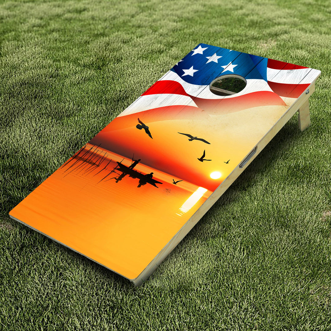 USA Flag Lake Fishing Cornhole Boards