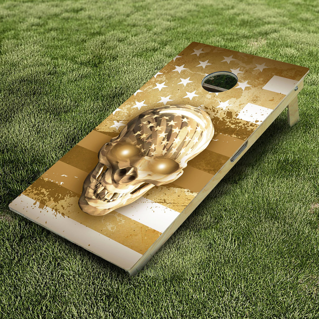 Golden USA Flag Skull Cornhole Boards